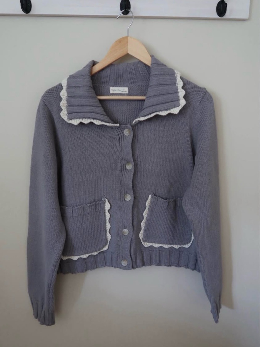 Rylee + Cru Women’s Collared Cardigan with Crochet scallop detail (dusty blue)